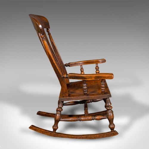 fig 2. Antique Lath Back Rocking Chair, English Elm, Beech, Elbow Seat, Victorian, 1880