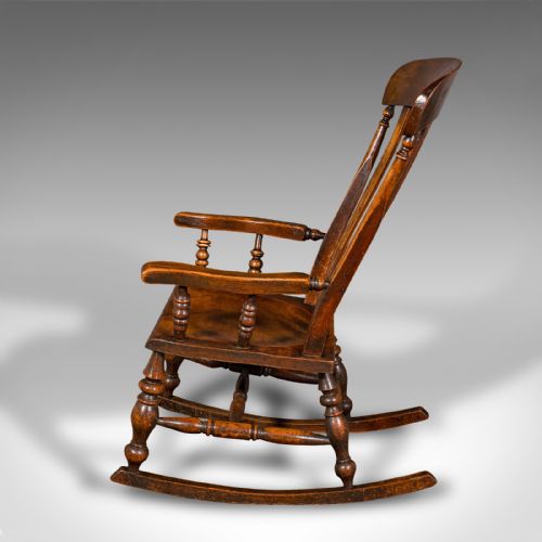 fig 3. Antique Lath Back Rocking Chair, English Elm, Beech, Elbow Seat, Victorian, 1880