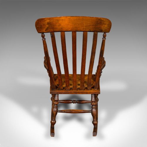 fig 4. Antique Lath Back Rocking Chair, English Elm, Beech, Elbow Seat, Victorian, 1880