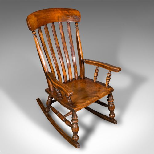 fig 5. Antique Lath Back Rocking Chair, English Elm, Beech, Elbow Seat, Victorian, 1880