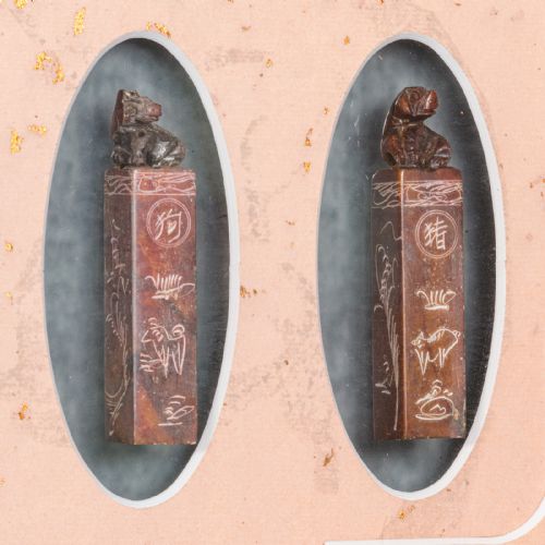 ANTIQUE ZODIAC SEAL DISPLAY CHINESE SOAPSTONE SHENGXIAO OAK FRAME VICTORIAN - ADDITIONAL PHOTO 7