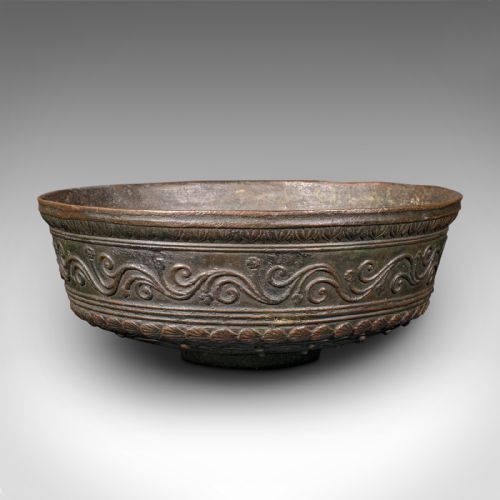fig 1. An antique Japanese Edo period bronze censer bowl with carved scrollwork around the exterior wall and patinated interior.