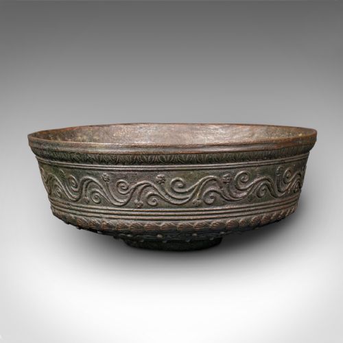 fig 2. An antique Japanese Edo period bronze censer bowl with carved scrollwork around the exterior wall and patinated interior.