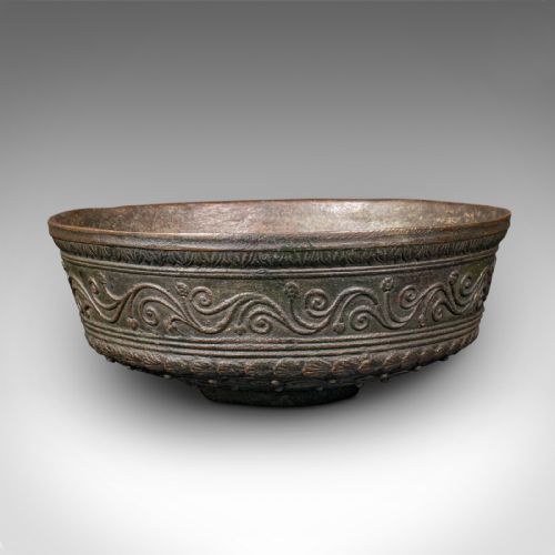fig 3. An antique Japanese Edo period bronze censer bowl with carved scrollwork around the exterior wall and patinated interior.