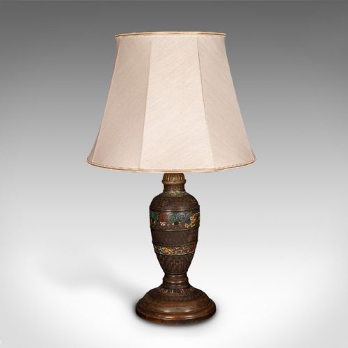 fig 1. An antique Japanese bronze and cloisonne table lamp with colourful enamelled geometric bands and a light beige fabric shade.