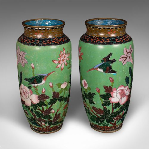fig 1. Pair Of Antique Baluster Vases, Japanese, Cloisonne Flower Urn, Meiji, Victorian