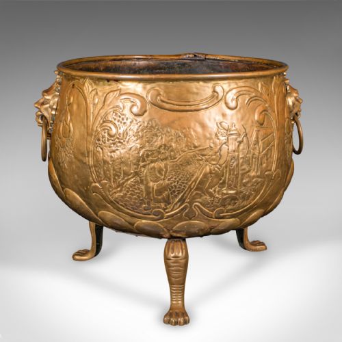 LARGE ANTIQUE LOG BASKET ENGLISH BRASS DECORATIVE FIRESIDE COAL STORE REGENCY - ADDITIONAL PHOTO 1