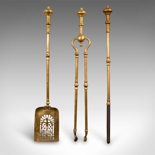 fig 1. Trio of Antique Fire Tools, English Brass, Companion Set, Georgian, Circa 1800