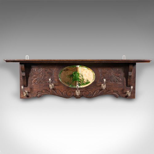 fig 1. Antique Hall Rack with Valet Mirror, English, Oak, Mounted Coat Hooks, Victorian