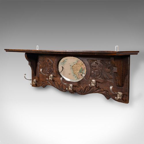 fig 2. Antique Hall Rack with Valet Mirror, English, Oak, Mounted Coat Hooks, Victorian