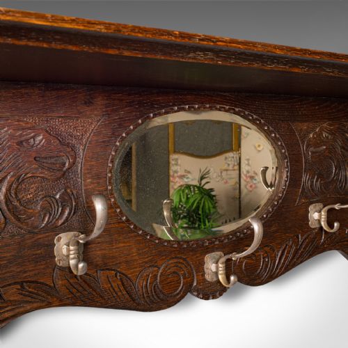 fig 3. Antique Hall Rack with Valet Mirror, English, Oak, Mounted Coat Hooks, Victorian