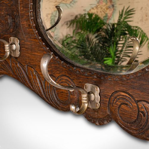 fig 4. Antique Hall Rack with Valet Mirror, English, Oak, Mounted Coat Hooks, Victorian