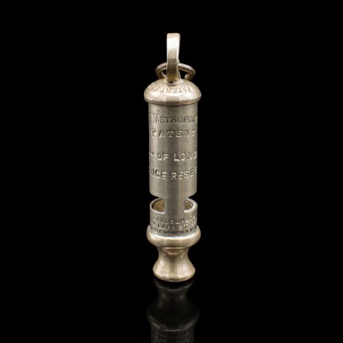 fig 1. Antique London Police Whistle, English, Brass, Patented, J Hudson, Birmingham