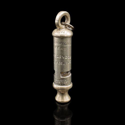 fig 2. Antique London Police Whistle, English, Brass, Patented, J Hudson, Birmingham