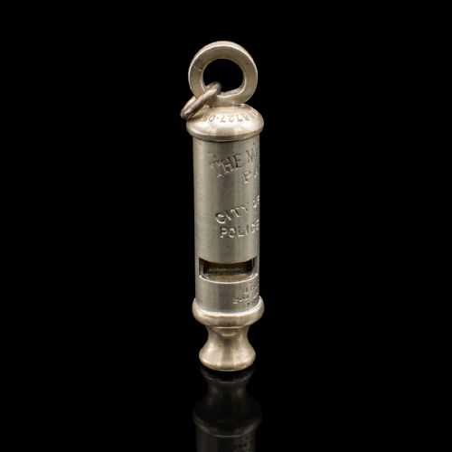 fig 3. Antique London Police Whistle, English, Brass, Patented, J Hudson, Birmingham