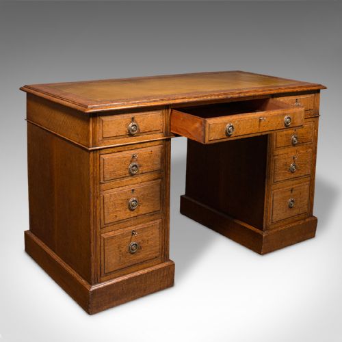 fig 1. Antique Pedestal Desk, English, Oak, Leather, Nine Drawer, Edwardian, Circa 1910