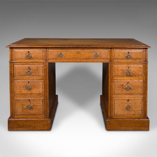 fig 2. Antique Pedestal Desk, English, Oak, Leather, Nine Drawer, Edwardian, Circa 1910