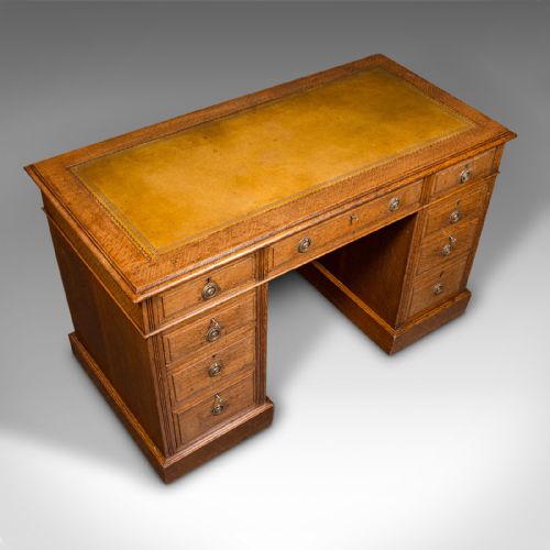 fig 6. Antique Pedestal Desk, English, Oak, Leather, Nine Drawer, Edwardian, Circa 1910