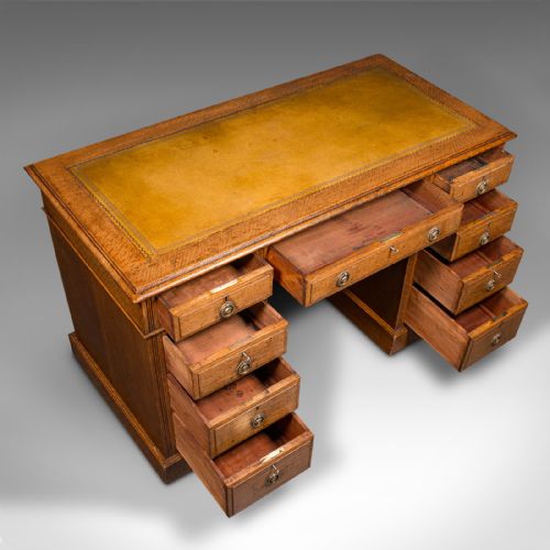 fig 7. Antique Pedestal Desk, English, Oak, Leather, Nine Drawer, Edwardian, Circa 1910