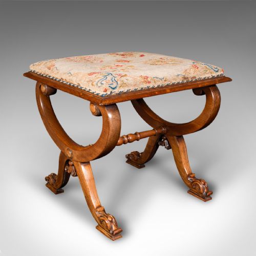 Antique X Frame Stool, English, Walnut, Needlepoint, Footstool, Regency, C.1820
