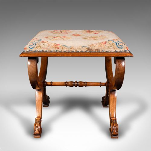 fig 1. Antique X Frame Stool, English, Walnut, Needlepoint, Footstool, Regency, C.1820