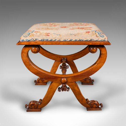 fig 3. Antique X Frame Stool, English, Walnut, Needlepoint, Footstool, Regency, C.1820