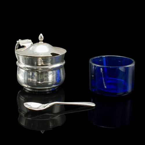 fig 1. Antique Mustard Pot, English, Silver, Table Condiment Server, Hallmarked, 1919