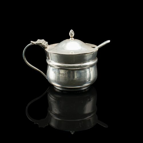 fig 2. Antique Mustard Pot, English, Silver, Table Condiment Server, Hallmarked, 1919