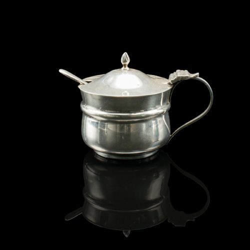 fig 4. Antique Mustard Pot, English, Silver, Table Condiment Server, Hallmarked, 1919