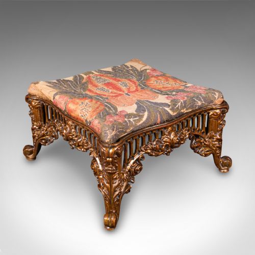Antique Embroidered Footstool, English, Gilt Brass, Fireside, Stool, Victorian