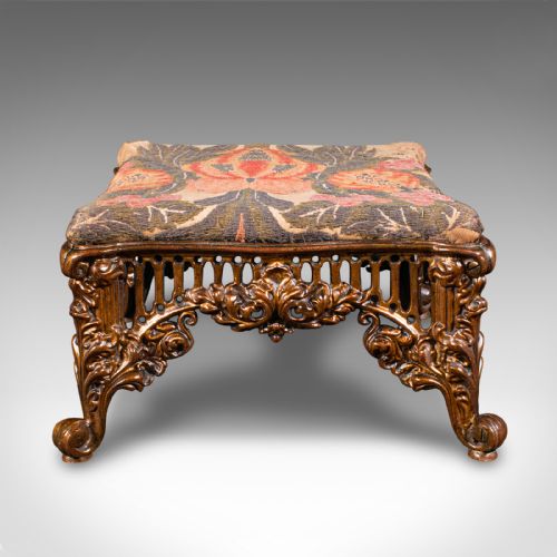 fig 1. Antique Embroidered Footstool, English, Gilt Brass, Fireside, Stool, Victorian