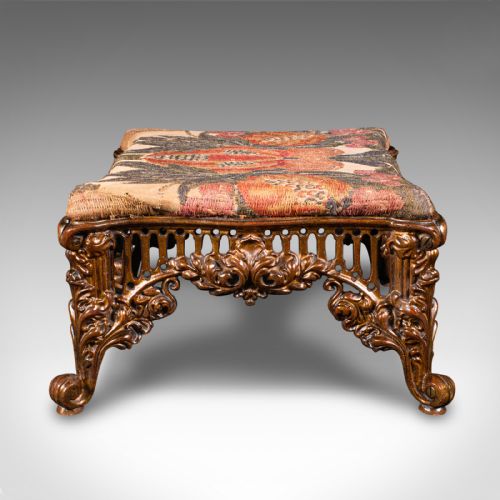 fig 2. Antique Embroidered Footstool, English, Gilt Brass, Fireside, Stool, Victorian