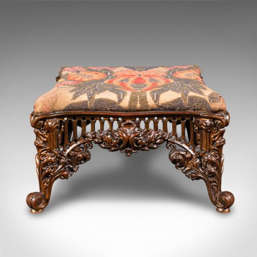 fig 3. Antique Embroidered Footstool, English, Gilt Brass, Fireside, Stool, Victorian