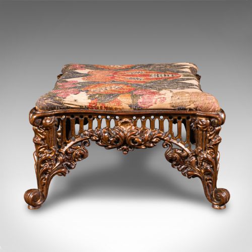 fig 4. Antique Embroidered Footstool, English, Gilt Brass, Fireside, Stool, Victorian