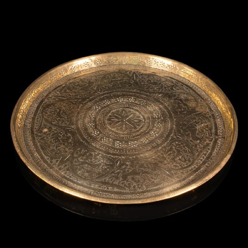 fig 1. Antique Kasmiri Decorative Tray, Indian, Engraved, Brass, Platter, Victorian