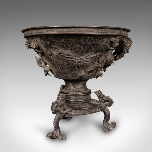 fig 2. A dark patinated Japanese bronze incense censer bowl featuring relief dragon carvings around the body and dragon-shaped tripod feet.