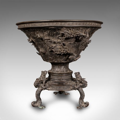fig 4. A dark patinated Japanese bronze incense censer bowl featuring relief dragon carvings around the body and dragon-shaped tripod feet.