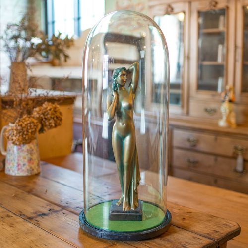 fig 1. A tall clear glass display dome resting on a black ebonised circular wooden base lined with green fabric.