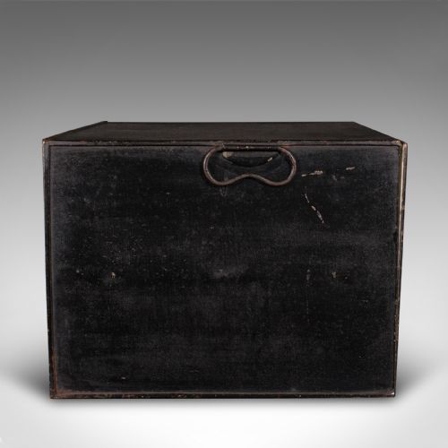 fig 4. Antique Deed Box, English, Steel, Fall Front Keepsake Case, Office Storage, 1920