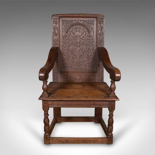 fig 1. Antique Wainscote Armchair, Scottish, Oak, Carved Throne Chair, Georgian, C.1750