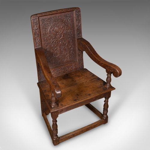 fig 5. Antique Wainscote Armchair, Scottish, Oak, Carved Throne Chair, Georgian, C.1750