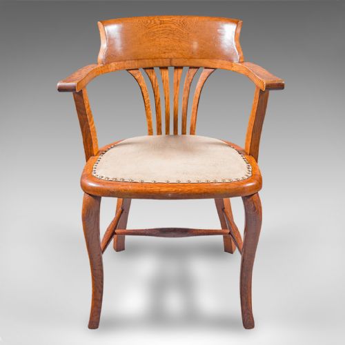 fig 1. Antique Home Office Desk Chair, English, Oak, Drawing Room Elbow Seat, Edwardian