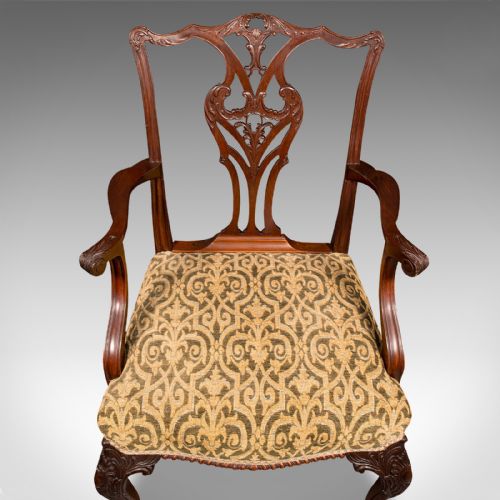 ANTIQUE DRAWING ROOM ARMCHAIR ENGLISH ELBOW CHAIR CHIPPENDALE REVIVAL C1900 - ADDITIONAL PHOTO 6