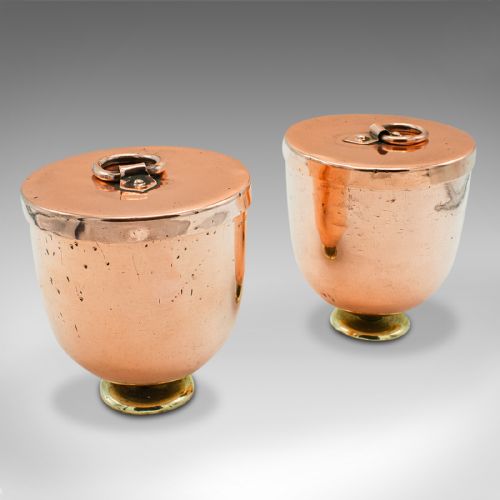 PAIR OF ANTIQUE ICE CREAM MOULDS ENGLISH COPPER LIDDED POTS HARRODS VICTORIAN - ADDITIONAL PHOTO 2