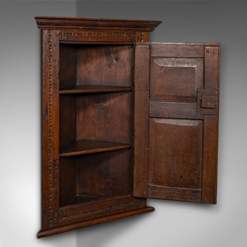 fig 1. Small Antique Corner Cabinet, English Oak, Wall Cupboard, William and Mary, 1690