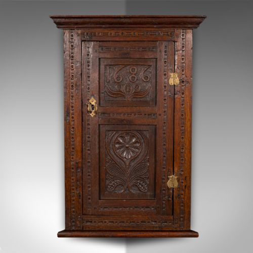 fig 2. Small Antique Corner Cabinet, English Oak, Wall Cupboard, William and Mary, 1690