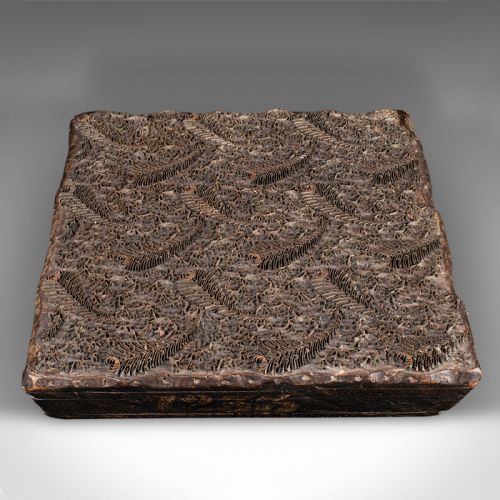 fig 1. A square dark hardwood textile printing block featuring intricate inlaid metal foliage and fern patterns.