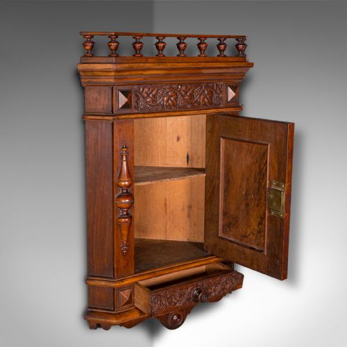 fig 1. Small Antique Corner Wall Cupboard, Italian, Walnut, Cabinet, Victorian, C.1900