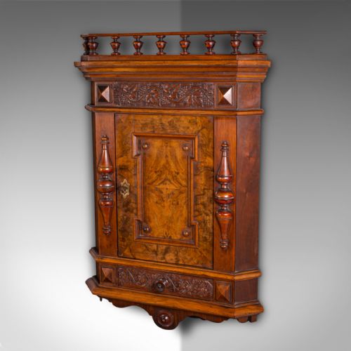 fig 3. Small Antique Corner Wall Cupboard, Italian, Walnut, Cabinet, Victorian, C.1900