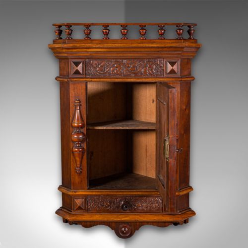 fig 4. Small Antique Corner Wall Cupboard, Italian, Walnut, Cabinet, Victorian, C.1900